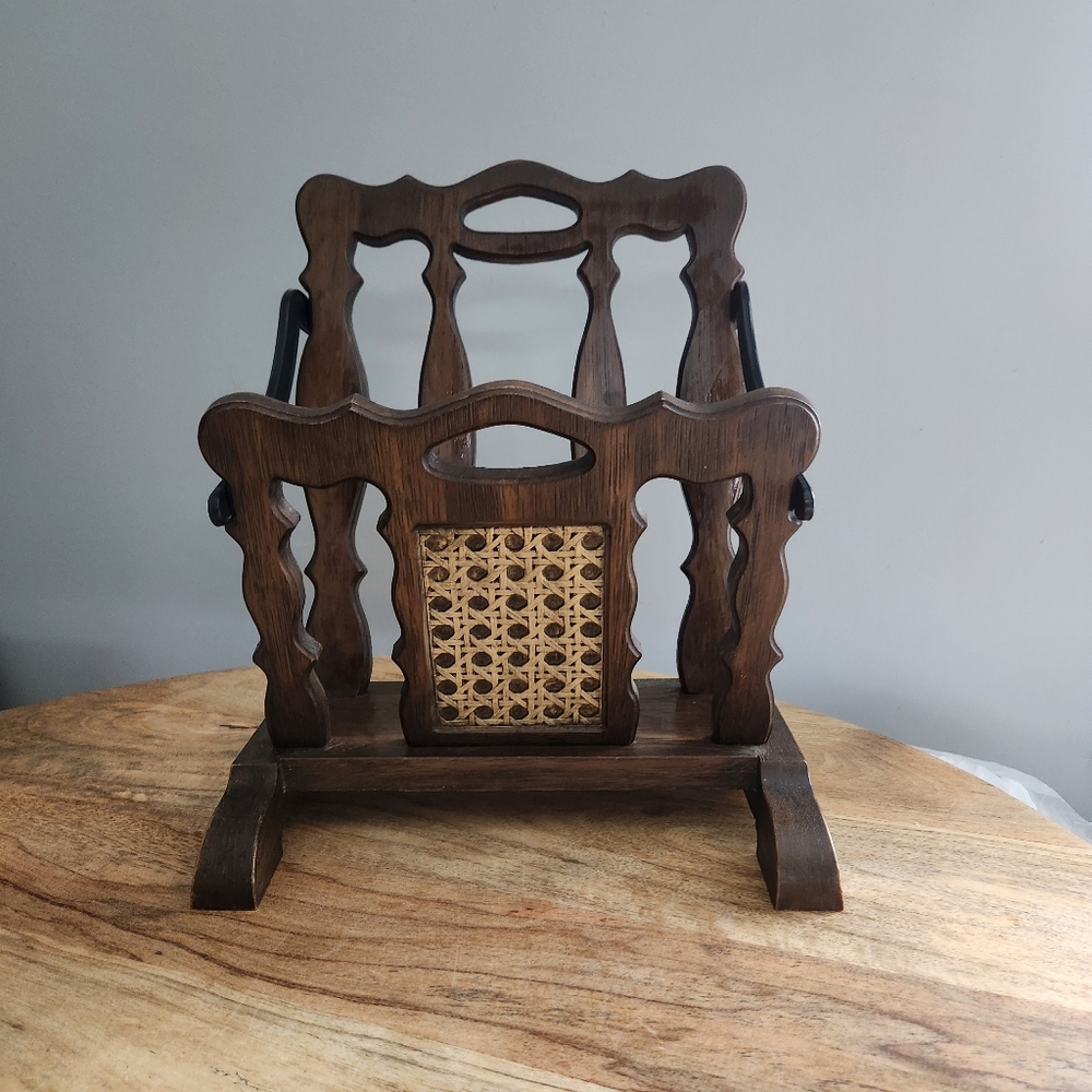 Vintage Faux Wood and Rattan Magazine Holder Rack